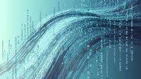 Abstract digital wave pattern with binary code elements in blue tones, flowing dynamic lines and numbers create futuristic technology background for data concepts.
