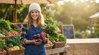 Young Caucasian woman farmer in beanie and denim overalls holding fresh beetroots at outdoor farmers market stand with organic vegetables in baskets.