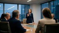 Professional businesswoman presenting to executive team in modern conference room with city skyline view during corporate meeting.