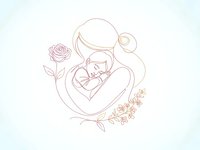 Tender mother holding newborn baby with rose and floral elements in soft line art style isolated on white background for motherhood designs.