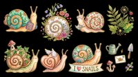 Cute snail clipart set with floral designs, garden elements, and I love snails banner, isolated on transparent background, ready for stickers, t-shirt design, and print on demand.