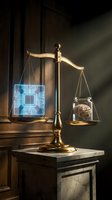 Golden scales of justice balancing digital microchip against human brain representing technology versus humanity legal ethics artificial intelligence law.
