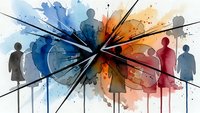 Abstract watercolor explosion with human silhouettes radiating from center point. Dynamic burst effect with blue and orange paint splatters for creative design projects.