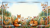 Autumn forest border with two red foxes resting among colorful fall foliage, pine trees and seasonal plants creating decorative frame for text or design.