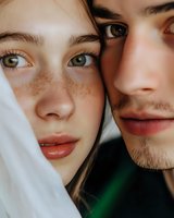 Young woman with freckles and green eyes wearing white headscarf posing with man with facial hair. Closeup portrait for beauty, skincare, cosmetics, and relationship content.