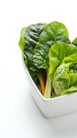 Fresh rainbow chard and leafy greens in white bowl on white background. Healthy organic vegetables for cooking, nutrition, salads and wellness.