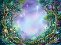 Enchanted forest clearing with glowing magical lights, ancient twisted trees framing mystical portal, fantasy woodland scene for book covers, game art, and digital design projects.
