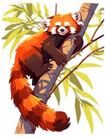 Adorable red panda climbing tree branch among bamboo leaves, illustrated in vibrant orange and brown tones with minimalist artistic style. Great for children decor.
