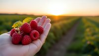 Fresh ripe raspberries in open palm at sunset over agricultural field rows. Organic berry harvest concept for healthy eating and farm produce.