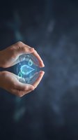 Hands holding glowing digital water droplet with leaf icon on dark background, representing environmental sustainability, green energy, and eco-friendly technology solutions.