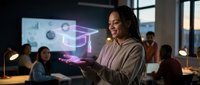 Young African American businesswoman using holographic technology in modern office presenting data analytics with futuristic digital interface display.