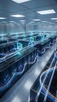 Modern data center with glowing cybersecurity shields protecting server racks in futuristic facility with digital network connections and advanced technology infrastructure.