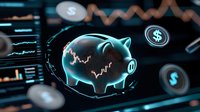 Glowing neon piggy bank with financial charts and dollar symbols floating in dark space, representing savings growth and investment monitoring in digital age.