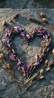 Dried lavender and purple wildflowers arranged in a heart shape on a rustic stone surface, evoking romance and natural beauty.