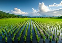Vibrant green rice paddy field with water reflections stretches toward distant mountains under dramatic clouds and blue sky, creating parallel lines in agricultural landscape.