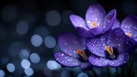Purple crocus flowers with water drops in morning light against dark bokeh background, macro photography showing delicate petals and dewdrops on spring bloom.