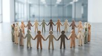 Diverse wooden human figures holding hands in circle representing unity, teamwork and inclusion in modern office environment for business concepts.