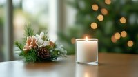 Glowing white candle in glass holder with pine cones and winter floral decoration on wooden surface against blurred Christmas lights background creates cozy atmosphere.