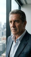 Mature male executive with gray hair wearing business casual attire in modern high-rise office with city skyline view. Corporate professional portrait for business, leadership, and corporate communications.