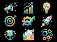 Colorful watercolor business icon set isolated on transparent background. Includes megaphone, growth chart, idea bulb, target, gear, rocket, trophy, email, and settings. Ready for clipart, stickers, print on demand.