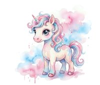 Cute cartoon unicorn with rainbow mane and horn on watercolor background. Fantasy creature for children's books, nursery decor, greeting cards and magical designs.