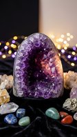 Amethyst geode crystal formation with colorful gemstones and warm bokeh lights creating mystical spiritual healing energy atmosphere for meditation wellness.
