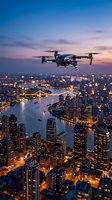 Drone flying over illuminated city skyline at sunset with river and skyscrapers creating stunning urban aerial photography for commercial and marketing use.