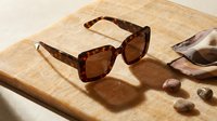 Tortoiseshell sunglasses with brown lenses resting on wooden surface alongside scattered nuts and natural shadows, suitable for fashion, lifestyle, and retail marketing.