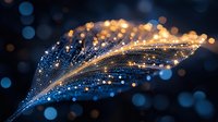 Magical glowing feather with golden and blue sparkles on dark background creates dreamy atmosphere. Ethereal light effects and bokeh add mystical mood.