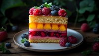 Layered fruit cake slice with fresh berries and mango filling on rustic wooden table, decorated with raspberries and blueberries against dark background.