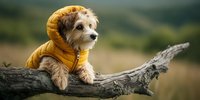 Small fluffy puppy wearing yellow hoodie sitting on wooden log outdoors in natural countryside setting for pet clothing and outdoor adventure concepts.