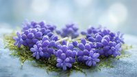 Purple grape hyacinth flowers arranged on moss with soft bokeh background for spring garden and nature photography projects.