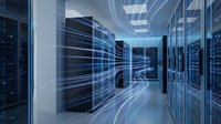 Data center corridor with server racks and glowing blue digital network lines representing data flow and connectivity. Suitable for technology, cloud computing, and IT infrastructure concepts.