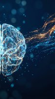 Digital brain with glowing neural networks and flowing data streams on dark blue background for artificial intelligence and technology concepts.