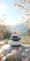 Stacked zen stones with golden essential oil bottle on top against soft bokeh nature background, creating peaceful spa and wellness atmosphere.