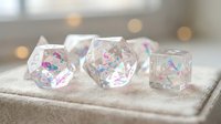 Clear acrylic gaming dice with colorful holographic elements on fabric surface with warm bokeh lights background for tabletop games and entertainment.