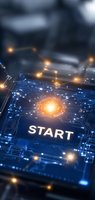 Glowing start button on futuristic circuit board background with connected nodes and digital pathways illuminated in blue and orange lights, technology concept.