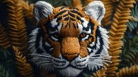 Knitted tiger head with detailed wool texture against fern background, featuring intricate striped pattern and realistic facial features. Artistic craft design for textile projects.