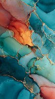 Abstract fluid art with turquoise and coral colors flowing together with golden veins creating organic marble texture for luxury design projects.