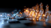 Glass chess pieces on black and white board with magical glowing lights and bokeh effect creating mystical atmosphere for strategic game concept.