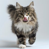 Playful Maine Coon cat with long fluffy fur licking nose while walking forward on white background, isolated studio portrait showing distinctive facial features and markings.