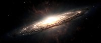 Spectacular spiral galaxy with bright central core and glowing dust lanes against deep space background with scattered stars for astronomy and science content.