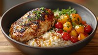 Grilled chicken breast with herbs served on rice, garnished with roasted cherry tomatoes and fresh parsley in dark ceramic bowl. Food photography.