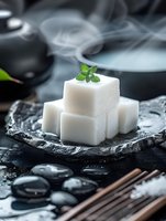 White sugar cubes stacked artistically with fresh mint leaf garnish on dark stone plate, surrounded by zen stones and incense sticks creating aromatic smoke atmosphere.