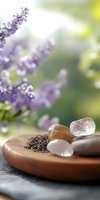 Healing crystals and stones on wooden plate with lavender flowers and dried herbs in soft focus background. Wellness and alternative medicine concept.