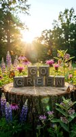 Wooden blocks spelling GO GREEN on tree stump surrounded by wildflowers and butterflies in sunny garden setting for eco-friendly sustainability concepts.