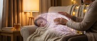 Elderly Caucasian woman resting on couch with caring hands providing comfort in warm living room setting. Healthcare support and senior care concept.