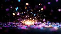 Bright spark explosion with colorful bokeh lights creating magical atmosphere against dark background. Glowing particles and sparkles scatter in purple and blue tones.