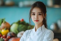 Young Asian female chef in white uniform standing in professional kitchen with fresh vegetables and produce. Natural lighting highlights confident expression.