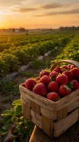 Fresh strawberries in wooden basket at sunrise on organic farm field with golden sky and green rows of plants in agricultural landscape.